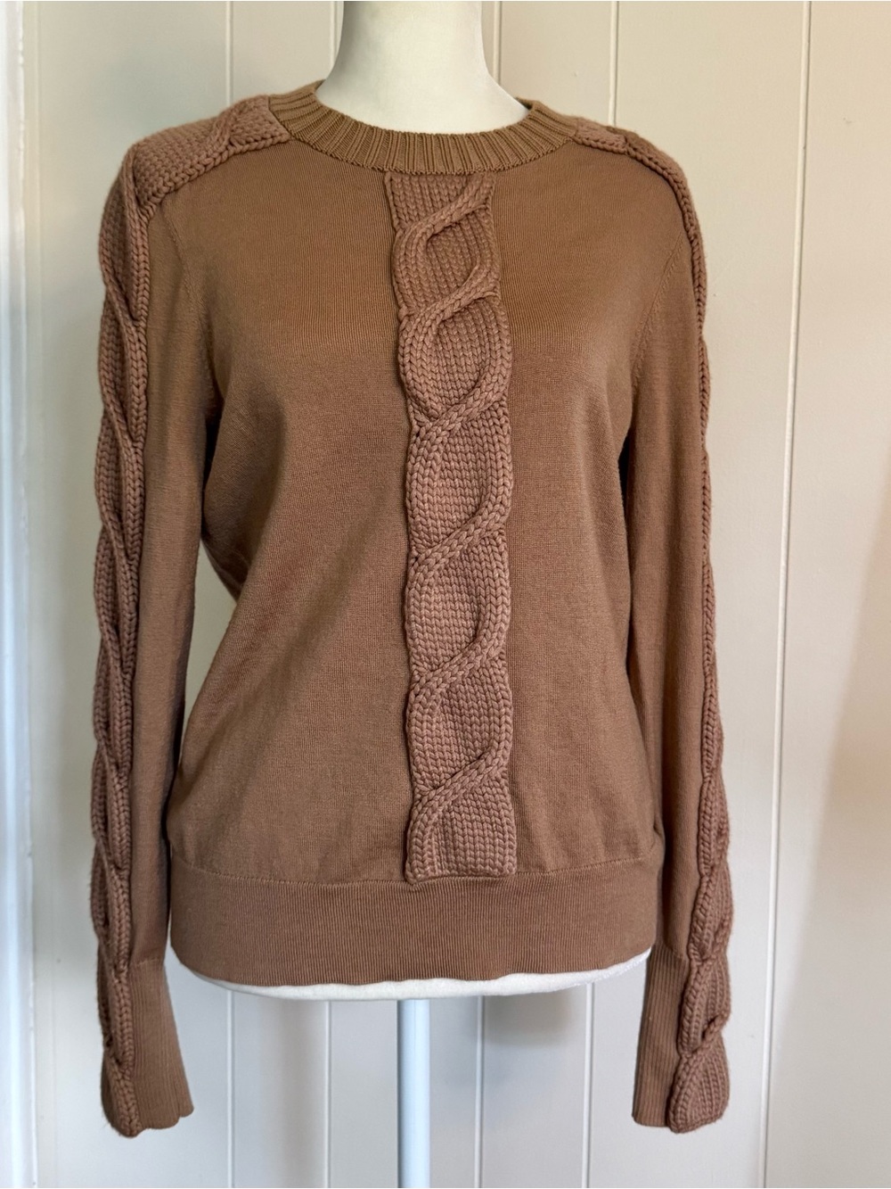 Karen Millen Brown Cable-Knit Pullover Sweater Crew Neck Long Sleeve Size M
